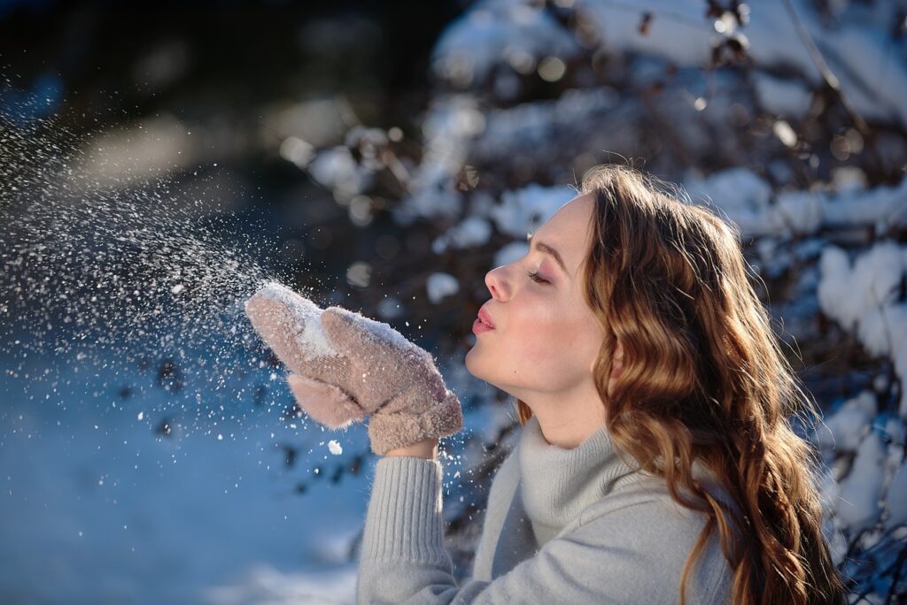 girl, snow, nature, blow, winter, woman, cold, sunlight, happy, enjoyment, happiness, outdoors, portrait
